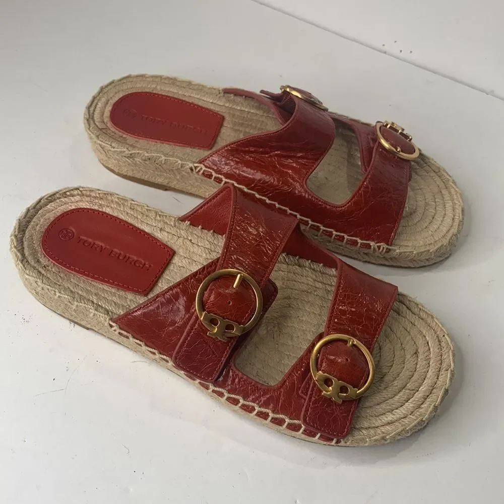 Tory Burch Selby red leather espadrille slides NWOB - Picture 1 of 8